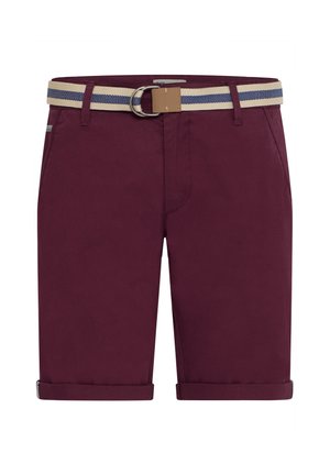 Bordeaux katoenen shorts met een opgerolde zoom, voorzien van een beige en marineblauwe gestreepte riem met een metalen gesp en lussen.
