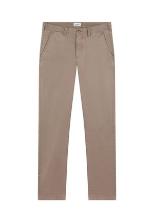 Beige katoenen broek met een recht gesneden ontwerp, voorzien van zijzakken en een enkele knoopsluiting. Gladde textuur, minimale stikseldetails.