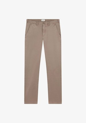 Beżowe bawełniane spodnie z prostymi nogawkami, z bocznymi kieszeniami i pojedynczym zapięciem na guzik. Gładka faktura, minimalne detale szwów.