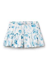 Pantaloni corti bianchi a volant con un motivo ispirato al mare in blu, caratterizzato da conchiglie, alghe e elementi acquatici. Vita elastica per una migliore vestibilità.