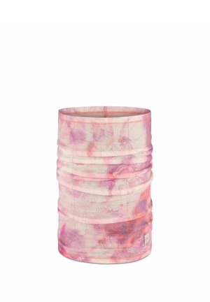 Bufanda tubular sin costuras con patrón abstracto de remolinos rosa y púrpura, mostrada en posición vertical sobre fondo blanco.