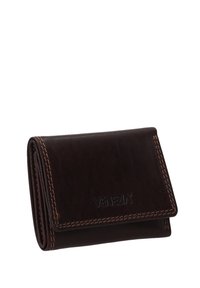 Bruine leren portemonnee met gestikte randen, een vouwontwerp en een debossering van het logo. Compact en met een gladde textuur, met een klassieke uitstraling.