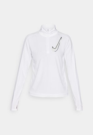 Balts garām piedurknēm, ar rāvējslēdzēju, topiņš, kas izgatavots no gludas auduma, ar melnu Nike logotipu kreisajā krūtī un sānu šķēlumiem pie piedurknēm.