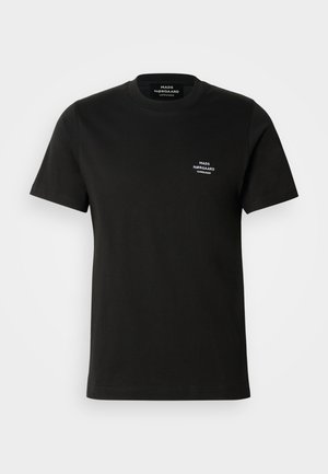 Schwarzes Baumwoll-T-Shirt mit kurzen Ärmeln, Rundhalsausschnitt und kleinem weißen Logo auf der linken Brust. Glatte Textur und klassischer Schnitt.