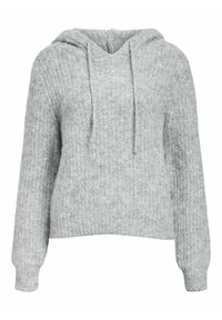 Grå stickad hoodie-tröja med ett texturerat mönster, dragsko och ribbade ärmmuddar och fåll. Tillverkad av mjukt, bekvämt material.