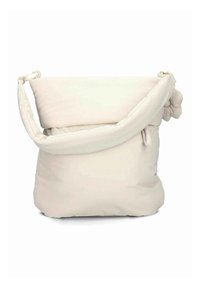 Sac épaule rembourré de couleur crème avec un design décontracté, un haut roulé et une bandoulière amovible. Texture douce avec une esthétique minimaliste.