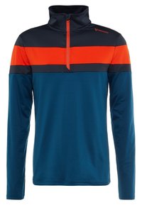 Maglia a maniche lunghe con zip a quarti di navy blu, caratterizzata da strisce orizzontali arancioni e blu scuro. Realizzata in tessuto leggero e morbido con colletto alto.