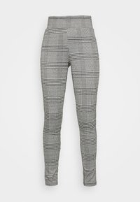 Grå rutiga leggings med hög midja, tillverkade av ett texturerat vävt tyg som har ett klassiskt rutmönster.