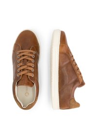 Bruna lädersneakers med en jämn textur, snördesign, vadderad krage och gummisula. Sidosömnadsdetaljer är synliga.