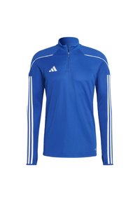 Pullover atletico blu con colletto alto, zip frontale, maniche lunghe e tre strisce bianche lungo ciascuna manica. Realizzato in tessuto leggero.