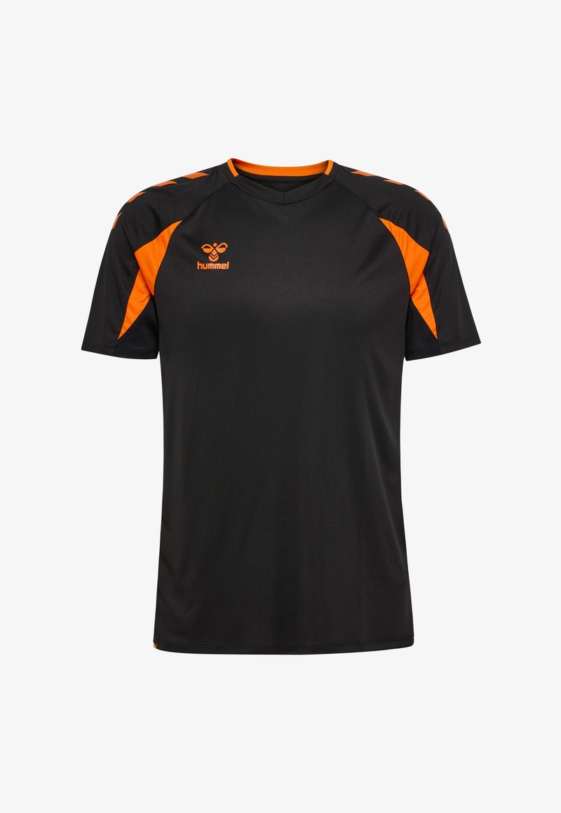 Black short-sleeve sports shirt with orange shoulder and side panels, orange hummel logo on the left chest.
