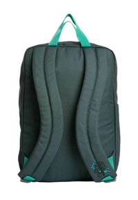 Donkergroene rugzak met gewatteerde verstelbare banden, bovenhandgreep en een gestructureerde afwerking. Beschikt over turquoise accenten en een logo aan de zijkant.