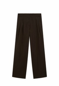 Ruskea leveälahkeinen housut, joissa on etupuolen poimut, sileä rakenne ja muotonsa mukainen suunnittelu, joissa on vyötärö, jossa ei ole näkyviä kiinnityksiä.