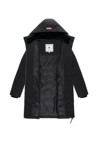 Czarna kurtka puchowa z kapturem, z pikowanymi rękawami, gładką podszewką i metką z logo wewnątrz kołnierza. Zamek błyskawiczny z przodu.