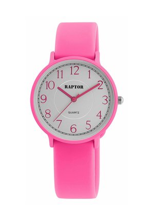 Pink silicone watch with a round silver dial, black numerals, and pink hands. Features quartz movement and a smooth, glossy finish.