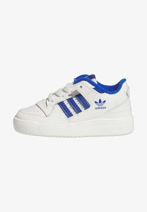 White leather sneakers with blue fabric accents, three blue stripes on the side, white rubber outsole, and round toe design.