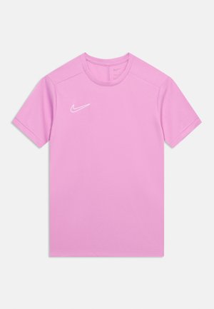 Hellviolettes, kurzärmeliges Sportshirt mit Rundhalsausschnitt und kleinem weißen Nike-Swoosh-Logo auf der linken Brust.