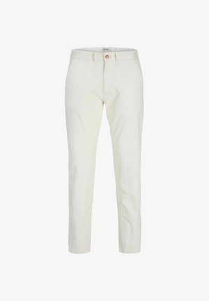 Hvide bomuldsbukser med lige ben-design, der har en frontknaplukning og minimalistisk stil. Glat tekstur uden synlige mønstre.