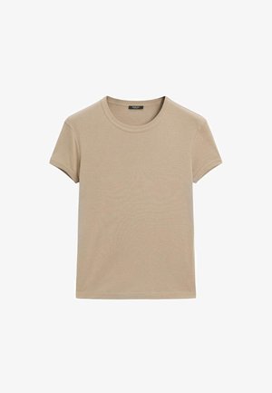 Beige Baumwoll-T-Shirt mit rundem Ausschnitt und kurzen Ärmeln. Glatte Textur und schlichtes Design, ohne Muster oder Verzierungen.