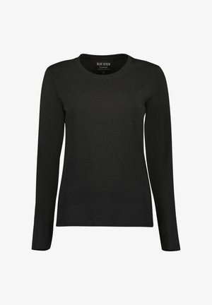 Zwarte langetermijn t-shirt met lange mouwen, gemaakt van biologisch katoen, heeft een ronde halslijn en een gladde, gelijkmatige textuur zonder zichtbare logo's of patronen.