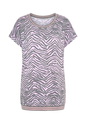 Kortærmet skjorte med lyserøde og grå zebrastriber, rund halsudskæring og matchende stribet kant på en hvid baggrund.