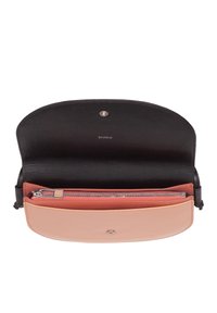 Black leather bag with a rounded flap, featuring a pink and orange interior, a zippered pocket, and a snap closure. Brand logo visible inside.
