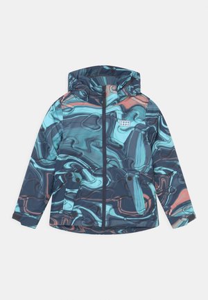Veste à capuche pour enfants avec motif abstrait en spirale bleu, sarcelle et corail, fermeture éclair à l'avant et deux poches à rabat avec boutons.