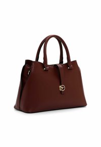 Borsa a mano in pelle marrone con forma strutturata, doppi manici, dettagli in metallo dorato e tracolla staccabile. Presenta una base piatta per la stabilità.