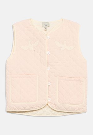 Vatteret lyserød ærmeløs vest med knapper foran, to lommer og broderede hvide fuglemotiver på brystet.