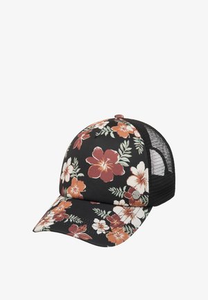 Black cap with a floral pattern featuring orange and white flowers, mesh back, and a curved brim. Front panel is fabric, adorned with greenery.