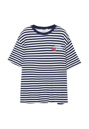 Striped t-shirt in navy blue and white, short sleeves, round neck, featuring a graphic of cherries and text "Super Dessert" on the left chest.