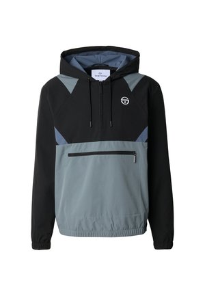Bunda s kapucí v černo-šedé barevné kombinaci, s předním kapsou na zip a modrými kontrastními detaily. Vyrobena z lehké látky.