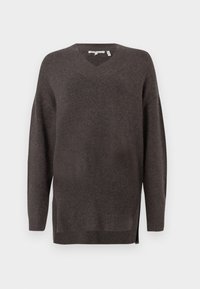 Maglione a V, dalla vestibilità ampia, di colore grigio scuro. Realizzato in materiale morbido, con maniche lunghe e spacco laterale per garantire comfort e facilità di movimento.