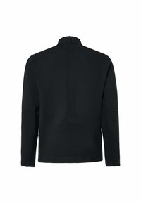 Black long-sleeve knit sweater with textured horizontal ribbing on sleeves and lower back, shown from the back on a white background.