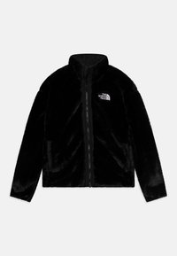 Czarna polarowa kurtka z wysokim kołnierzem, pełnym zamkiem i logo The North Face na lewej piersi; miękka tekstura i luźny krój.