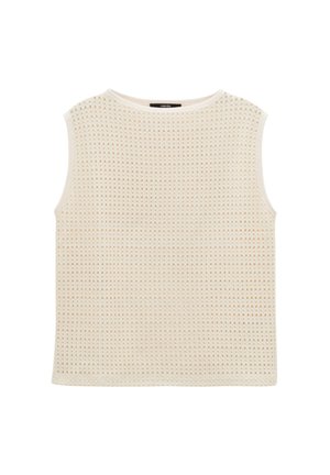 Cream sleeveless top made of knitted mesh fabric, featuring a round neckline and open grid pattern for breathability.