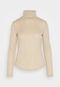 Beige coltrui met lange mouwen, gemaakt van een zachte, gestructureerde stof met een lichte glans, met een aansluitende pasvorm en een gebogen zoom.