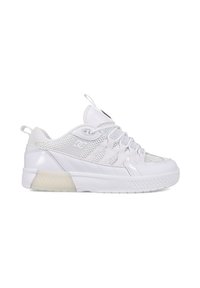 White sneaker featuring a mesh upper, textured leather accents, flat laces, a rubber sole, and a distinctive heel design.