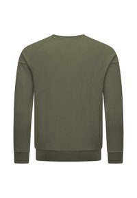 Sudadera verde oliva con puños y dobladillo acanalados, que presenta una tela texturizada. Diseñada con un cuello redondo y mangas raglán.
