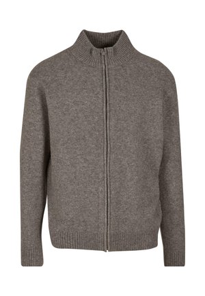 Grauer Reißverschluss-Pullover mit hohem Kragen, aus einem weichen Strickmaterial gefertigt. Verfügt über gerippte Bündchen und Saum, minimalistisches Design.