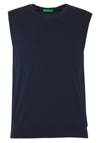 Mörkblå, ärmlös topp med v-ringning. Tillverkad av mjukt tyg, med ribbat avslut och slät yta. Enkel design, utan mönster.