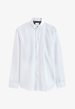 Bijela košulja s dugim rukavima, kopčanjem na drukere sprijeda i širokim ovratnikom, položena ravno na bijelu podlogu.
