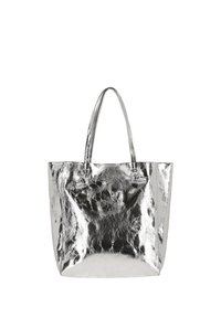 Borsa tote in metallo argento con superficie liscia e lucida, dotata di due manici robusti; apertura ampia, forma strutturata, design minimalista.