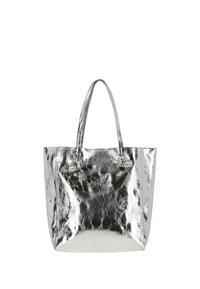 Borsa tote in metallo argento con superficie liscia e lucida, dotata di due manici robusti; apertura ampia, forma strutturata, design minimalista.