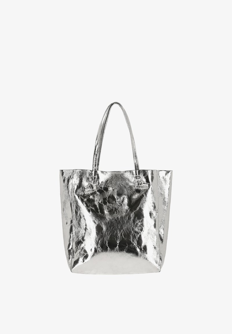 Borsa tote in metallo argento con superficie liscia e lucida, dotata di due manici robusti; apertura ampia, forma strutturata, design minimalista.