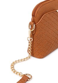 Brown textured handbag featuring a geometric pattern, gold chain strap, and zip closure. Dimensions and shape are compact and rectangular.