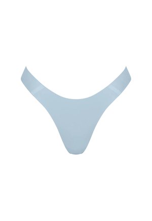 Braguitas tipo tanga para mujer en azul claro, sin costuras, con una textura suave y una cintura ancha, mostradas sobre un fondo blanco.