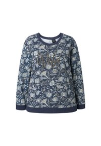 Sudadera de manga larga azul con estampado floral, con puños y dobladillo acanalados, que presenta el texto "Wild and Free" bordado en el frente.