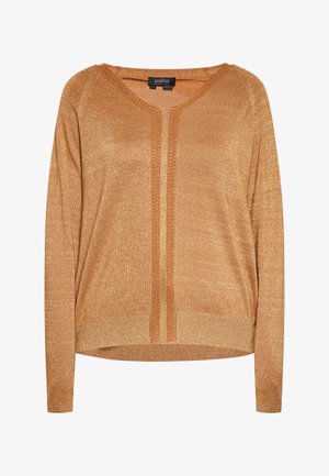 Aukso-oranžinė megzta palaidinė su V formos iškirpte, kuri turi tekstūruotą centrinę juostą ir ilgomis rankovėmis, teikianti minkštą, šiek tiek blizgantį apdailą.