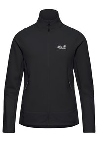 Veste noire à col montant, avec un tissu texturé et des accents lisses, fermeture zippée intégrale, et poches latérales. Logo sur la poitrine.